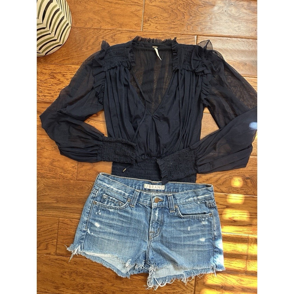 Free People Twyla Top Indigo Lost Sheer Mesh Smocked Blouse Navy Womens Size XS